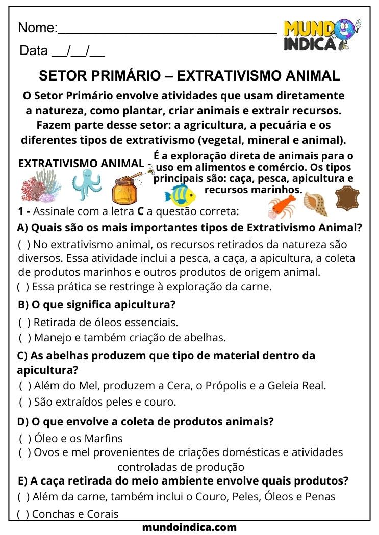 Atividade de Geografia sobre o Setor Primário da Economia Extrativismo Animal para Imprimir