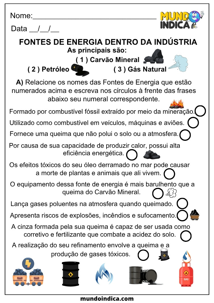 Atividade de Geografia sobre o Setor Secundário da Economia e Fontes de Energia dentro da Indústria para Imprimir