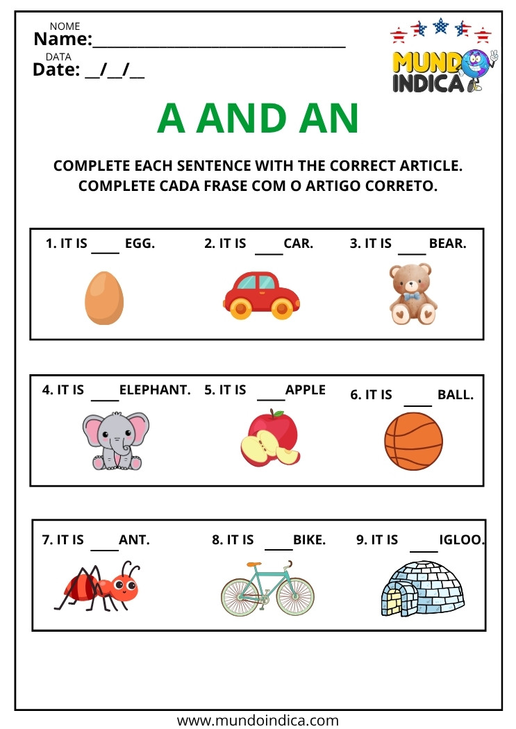Atividade de Inglês Artigos Indefinidos para Imprimir