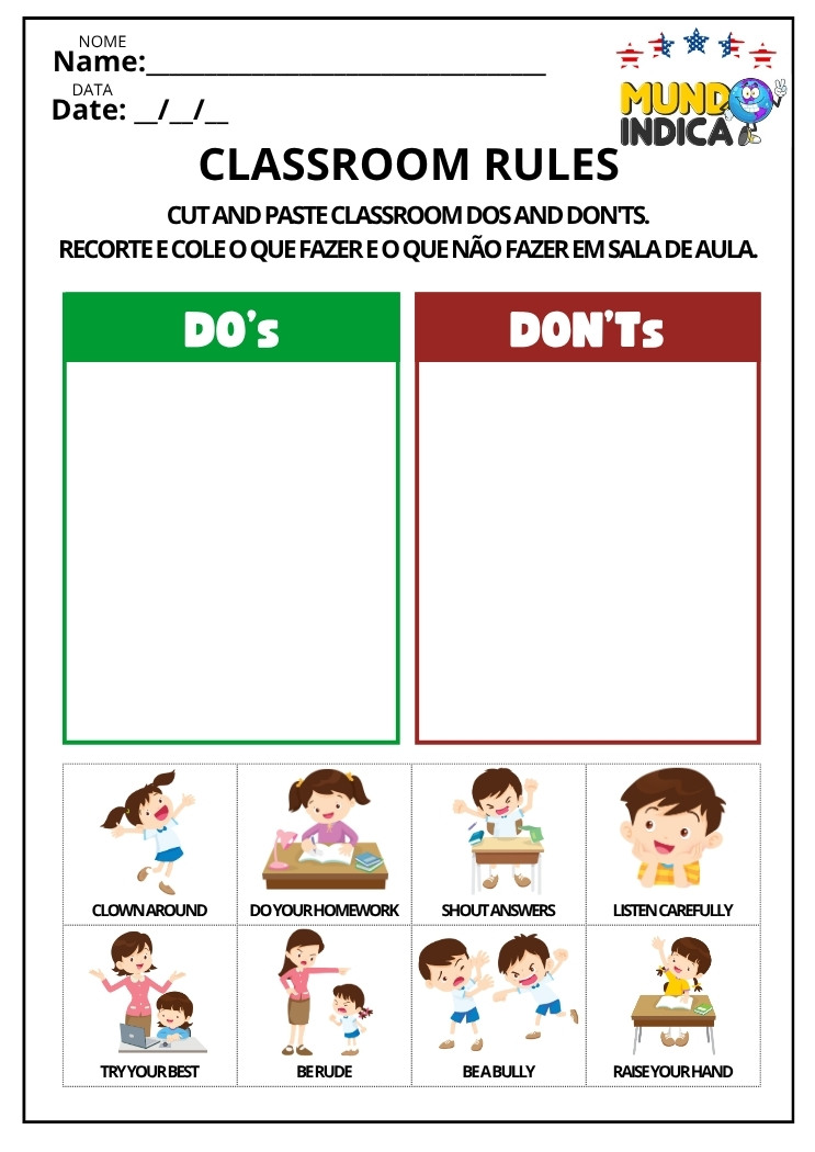 Atividade de Inglês Classroom Rules com Recorte e Colagem para Imprimir