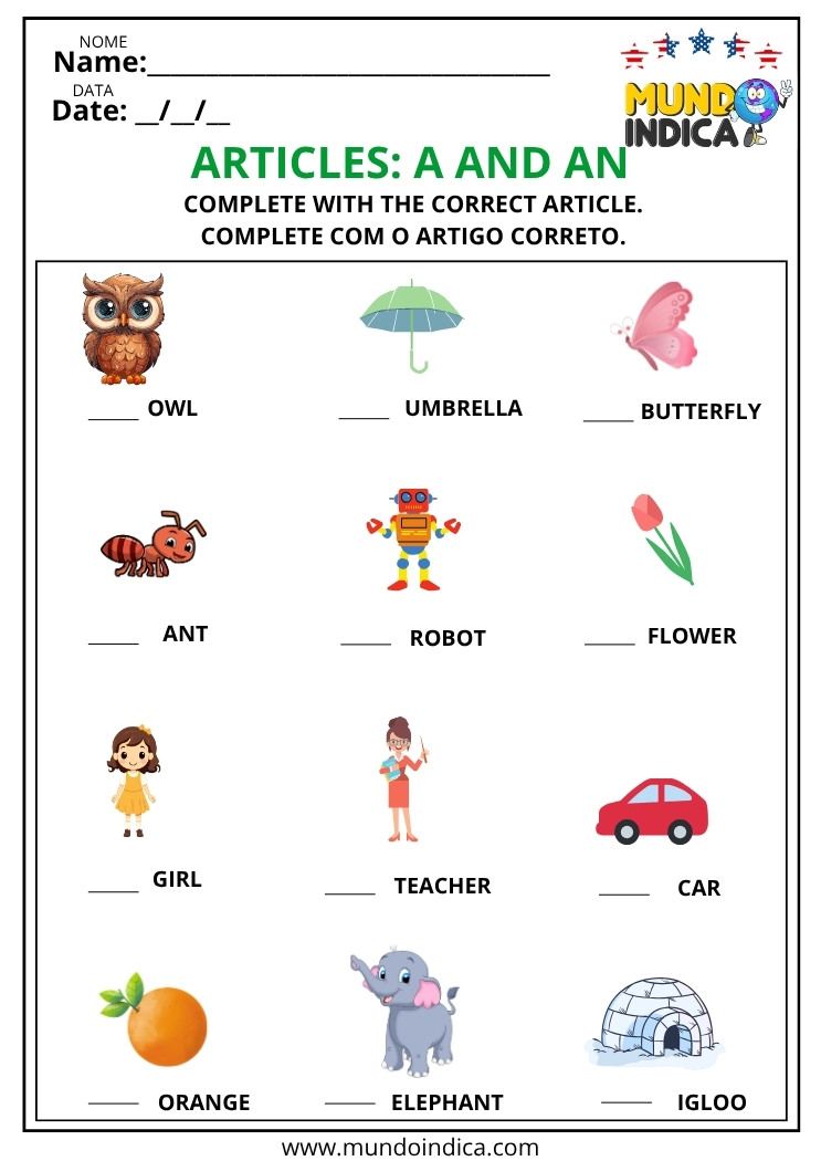 Atividade de Inglês Complete com o Artigo Correto para Imprimir