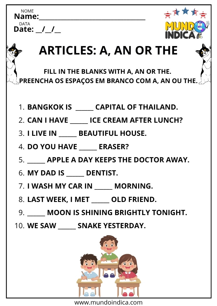 Atividade de Inglês com Artigos Definidos e Indefinidos para Imprimir
