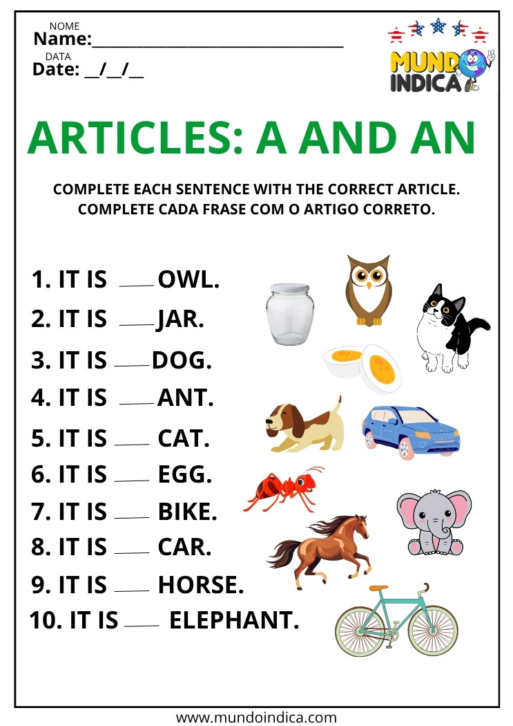 Atividade de Inglês com Artigos Indefinidos A and AN para Imprimir
