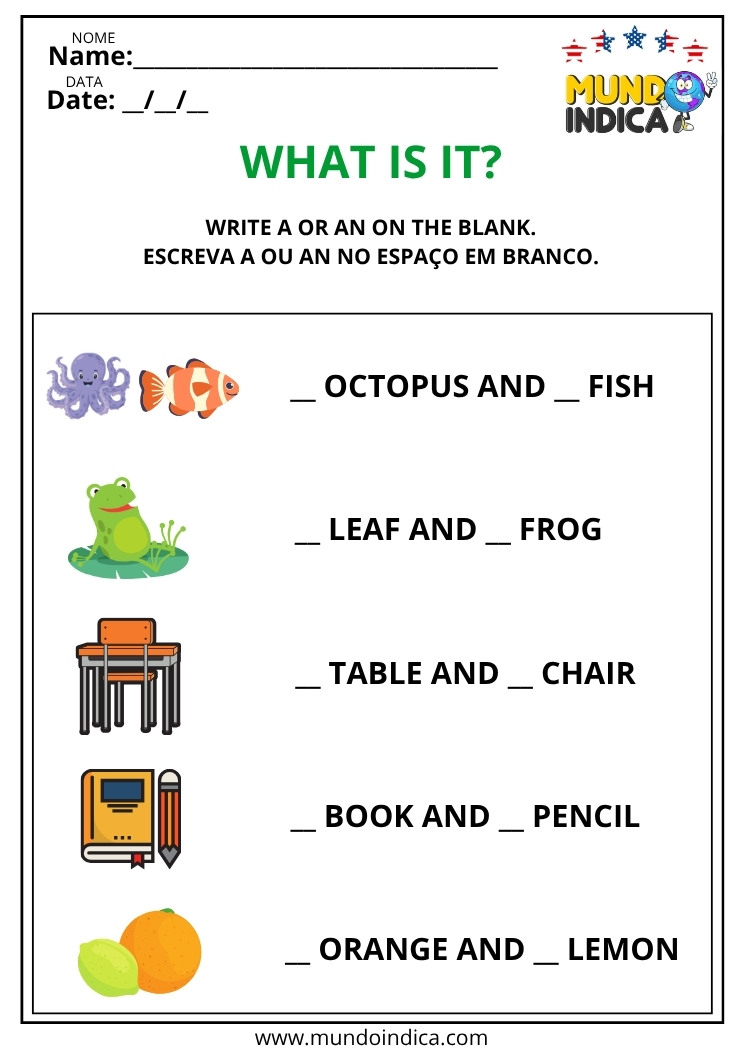 Atividade de Inglês com Artigos Indefinidos para Escrever A ou An no Espaço em Branco para Imprimir
