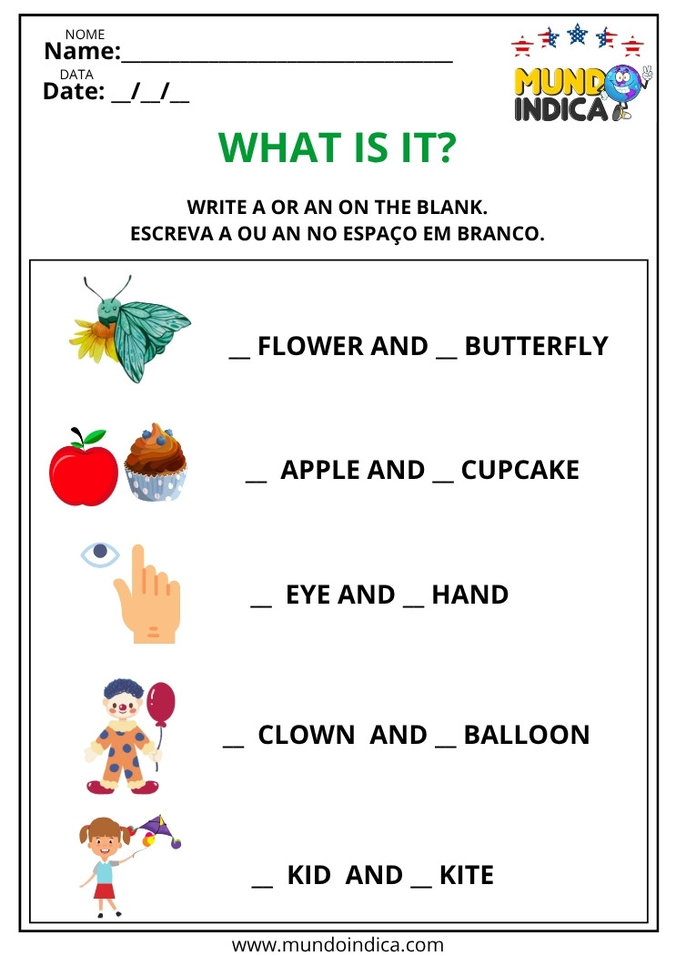 Atividade de Inglês com Artigos Indefinidos para Preencher com A ou An nos Espaços em Branco para Imprimir