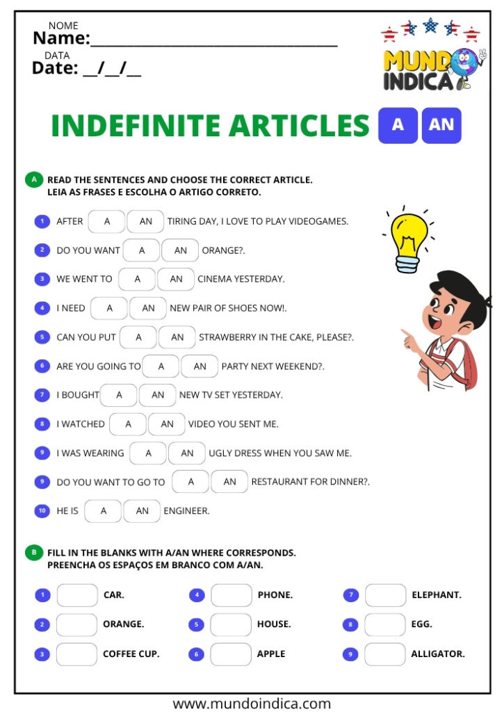 13 Atividades de Inglês com Artigos Definidos e Indefinidos