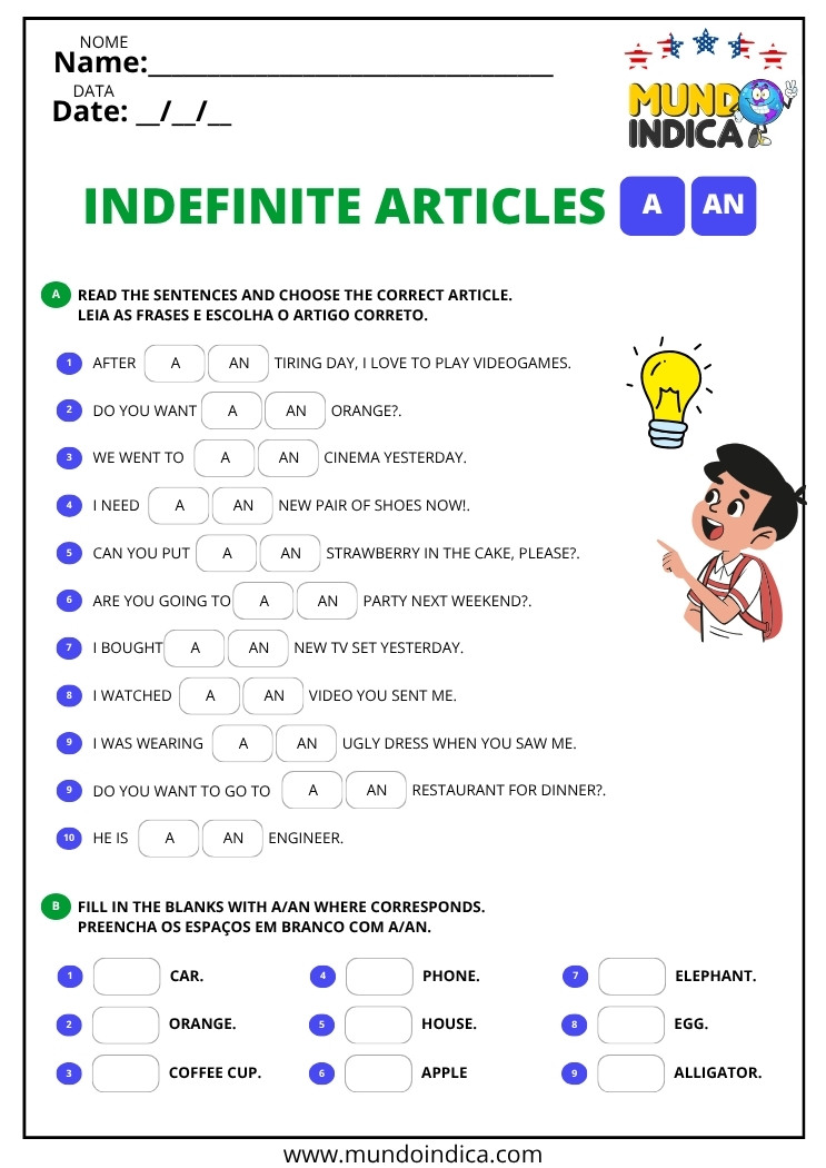Atividade de Inglês para Escolher o Artigo Indefinido Correto e para Preencher os Espaços em Branco para Imprimir