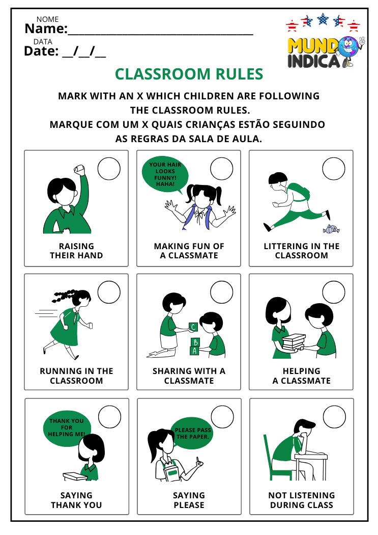 Atividade de Inglês para Marcar Quais Crianças Estão Seguindo as Regras da Sala de Aula para Imprimir