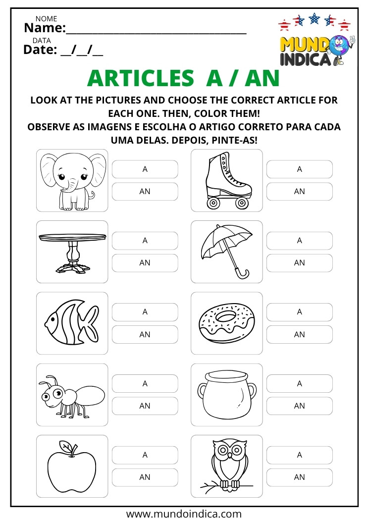 Atividade de Inglês sobre os Artigos A e AN com Pintura das Imagens para Imprimir