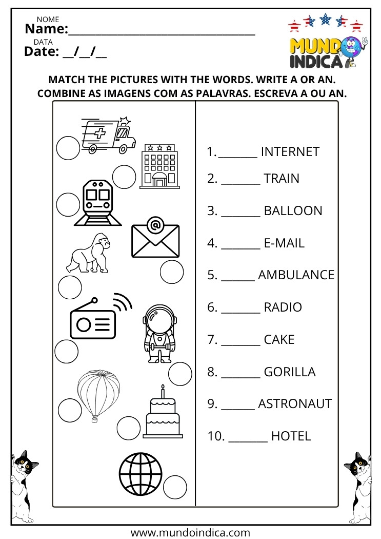Atividade de Inglês sobre os Artigos A e AN para Imprimir