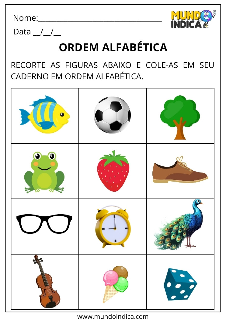 Atividade de Ordem Alfabética com Recorte e Colagem das Figuras para Imprimir