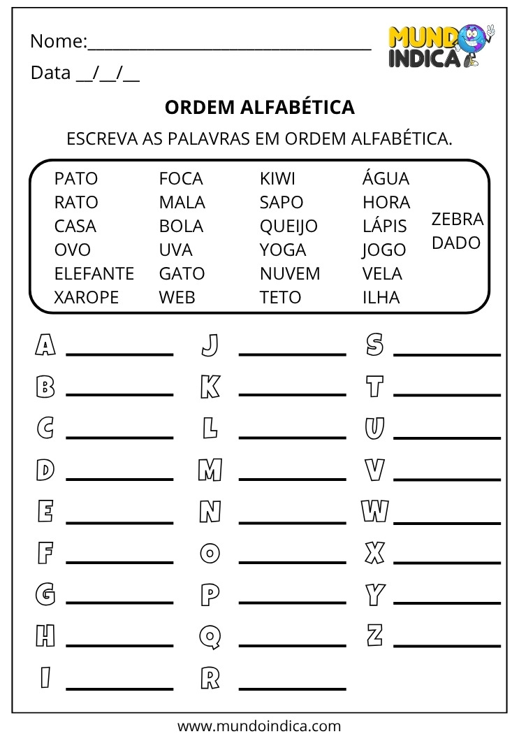 Atividade de Ordem Alfabética para Imprimir