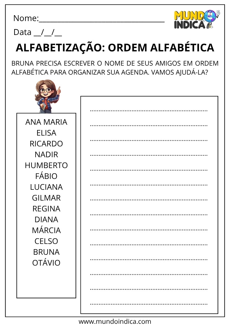 Atividade de Ordem Alfabética para Organizar a Agenda com os Nomes dos Amigos para Imprimir