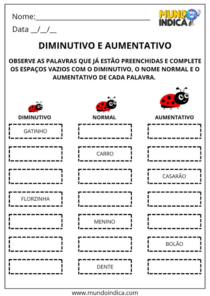 4 Atividades de Português com Diminutivo e Aumentativo