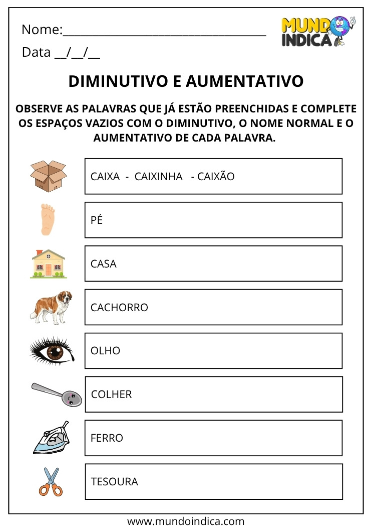 Atividade de Português com Aumentativo, Nome Normal e Diminutivo para Imprimir