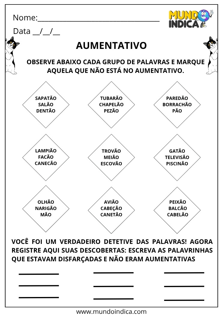 Atividade de Português com Aumentativo para Imprimir