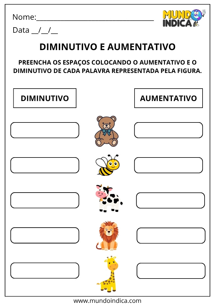 Atividade de Português com Diminutivo e Aumentativo para Imprimir