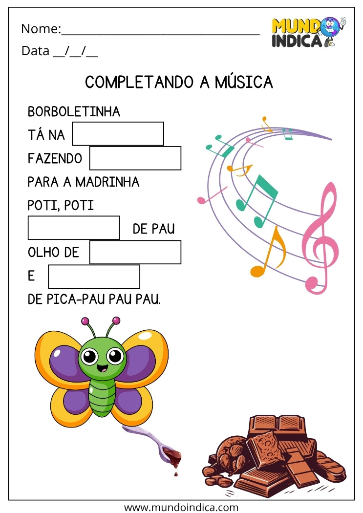 Atividade sobre a Música da Borboletinha para Fazer em Casa para Imprimir