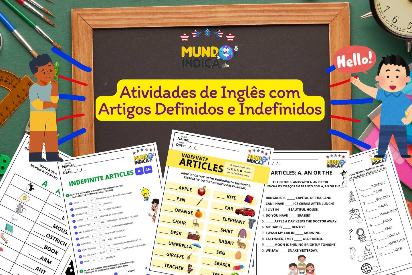 Atividades de Inglês com Artigos Definidos e Indefinidos para Imprimir