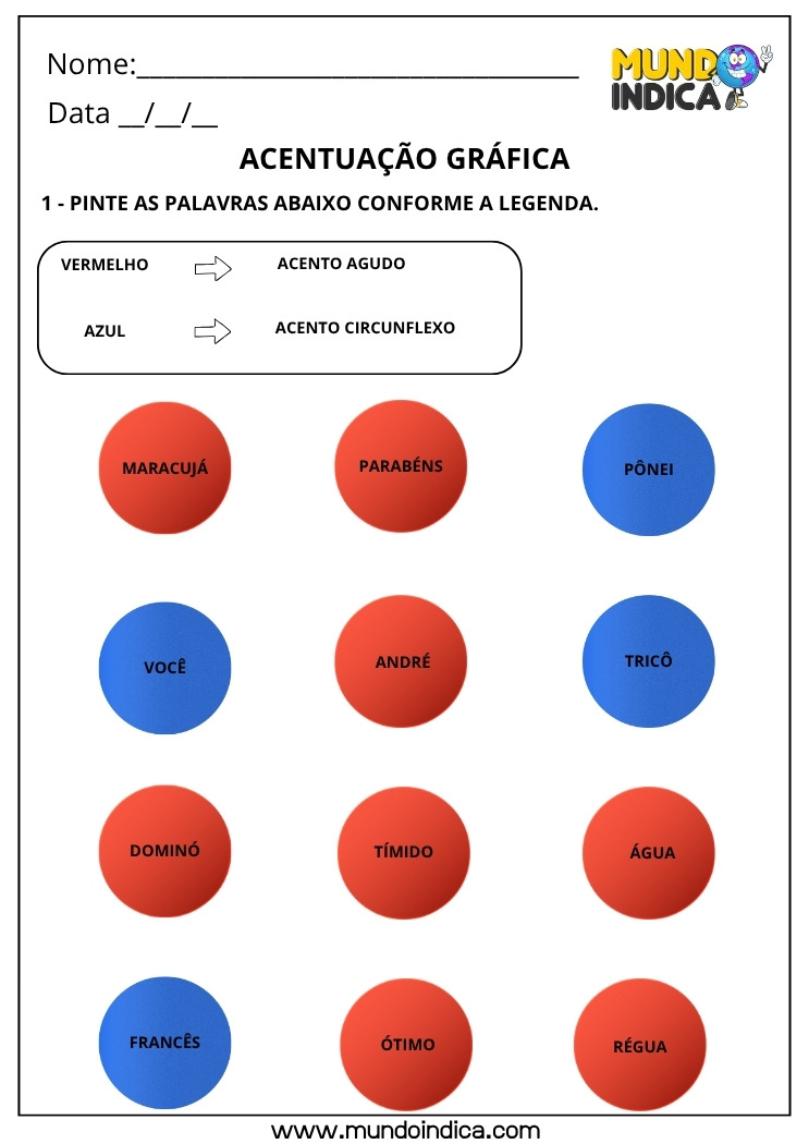 Atividade Lúdica de Português com Acentuação Gráfica com Pintura do Acento Agudo e Circunflexo com Resposta
