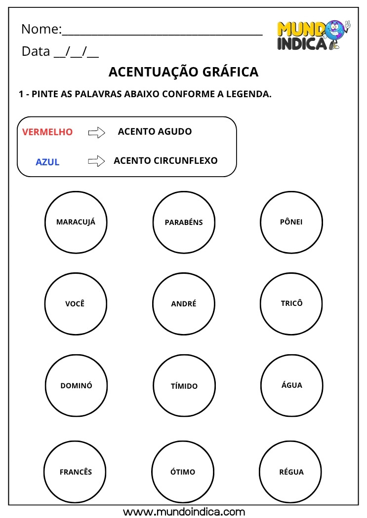 Atividade Lúdica de Português com Acentuação Gráfica com Pintura do Acento Agudo e Circunflexo para Imprimir
