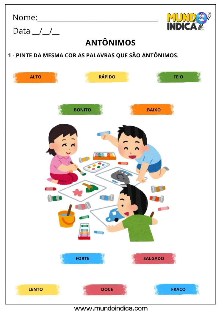 Atividade Lúdica de Português com Pintura dos Antônimos com Respostas para Imprimir