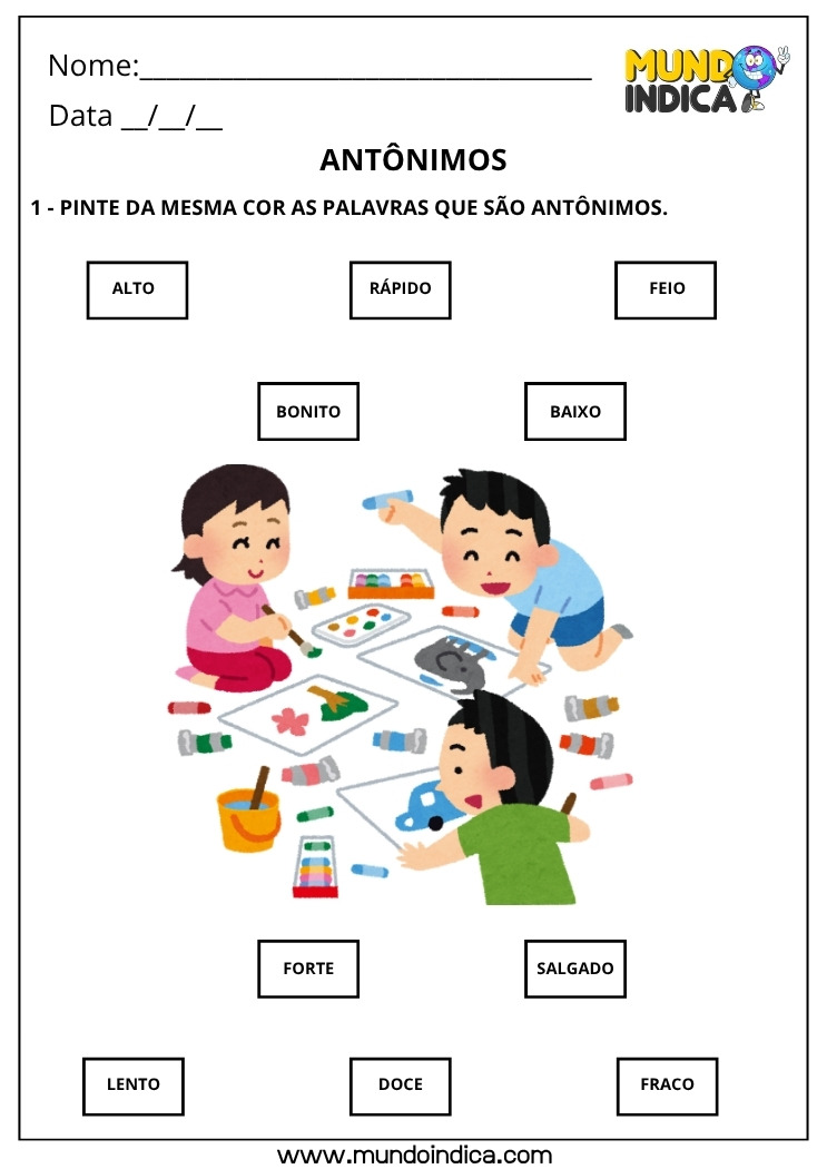 Atividade Lúdica de Português com Pintura dos Antônimos para Imprimir