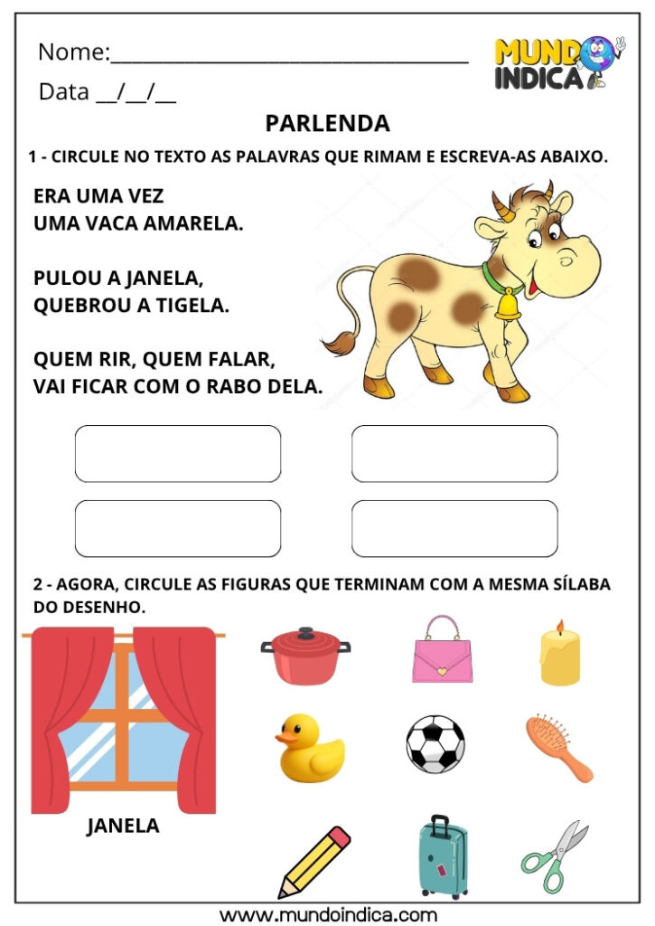 Atividades de Português 1º Ano com Parlenda para Imprimir