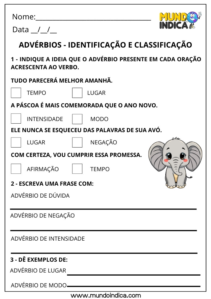 Atividade com Advérbios Identificação e Classificação para Imprimir