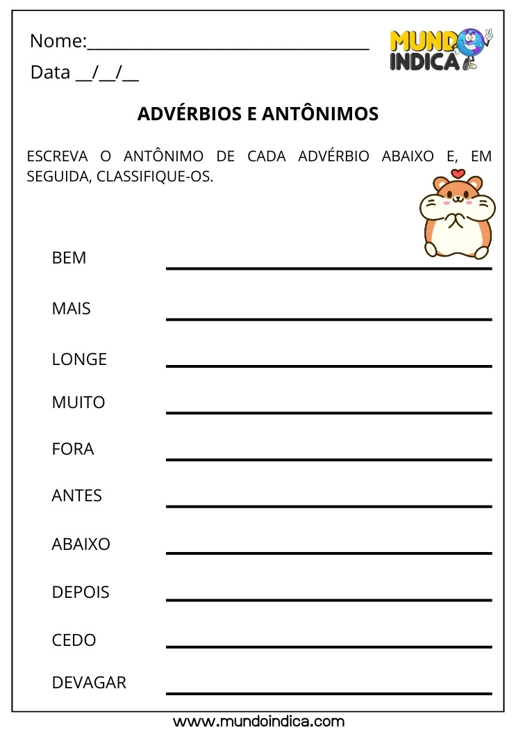 Atividade com Advérbios e Antônimos para Imprimir