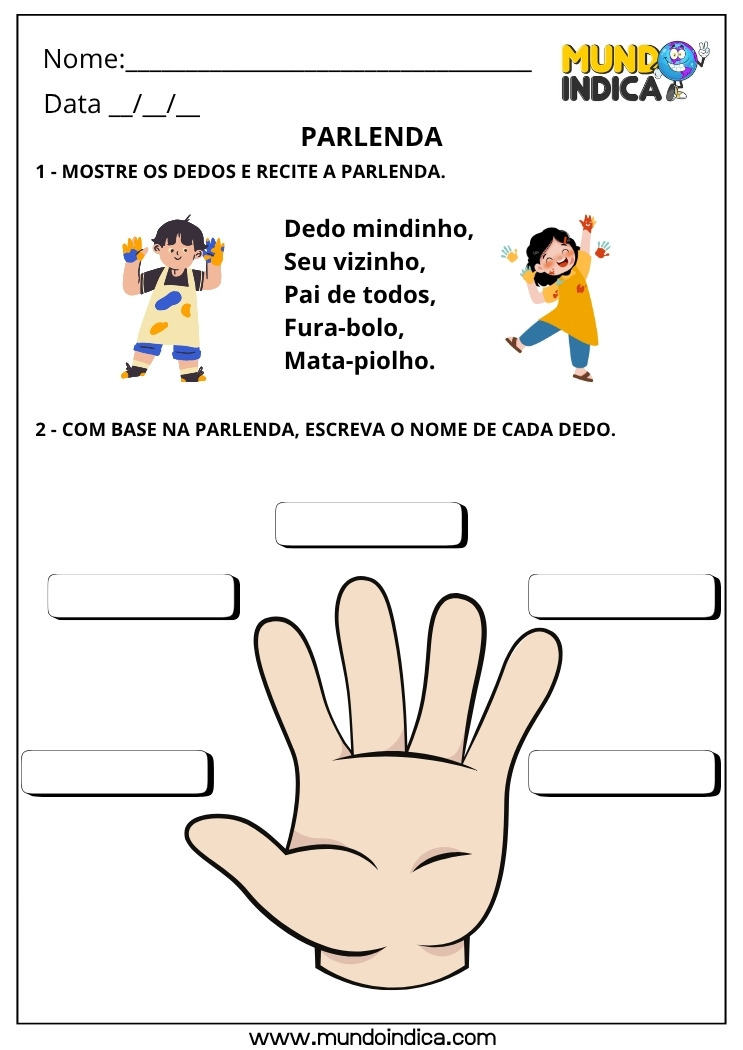 Atividade com Parlenda dos Dedos para Imprimir