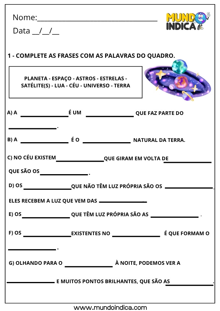 Atividade de Ciências para os Anos Iniciais do Ensino Fundamental Complete as Frases com as Palavras do Quadro sobre Planetas