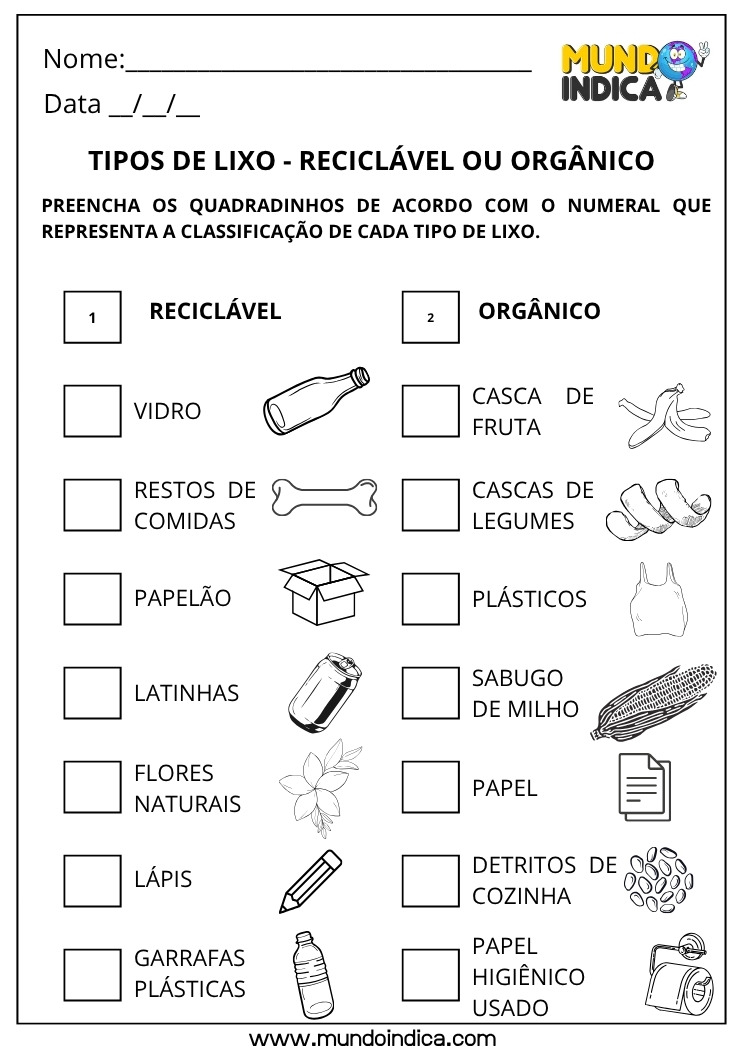 Atividade de Ciências para os Anos Iniciais do Ensino Fundamental sobre Lixo Reciclável e Orgânico para Imprimir