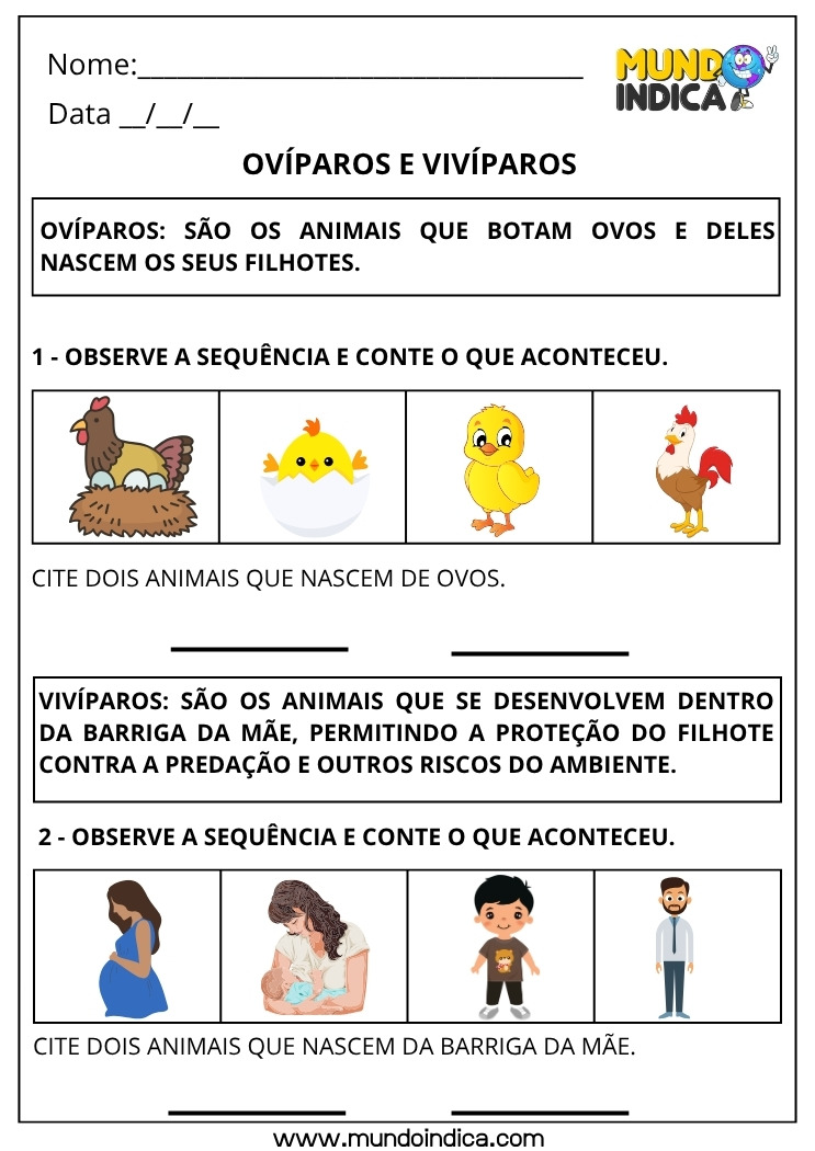 Atividade de Ciências para os Anos Iniciais do Ensino Fundamental sobre Ovíparos e Vivíparos