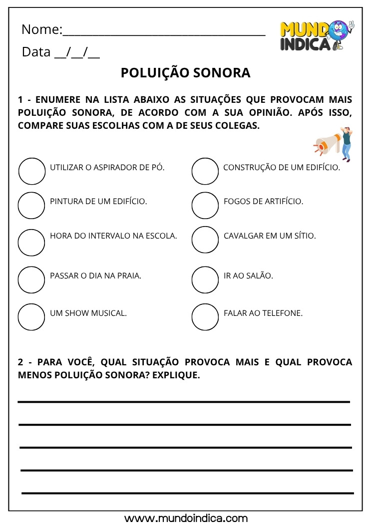 Atividade de Ciências para os Anos Iniciais do Ensino Fundamental sobre Poluição Sonora para Imprimir