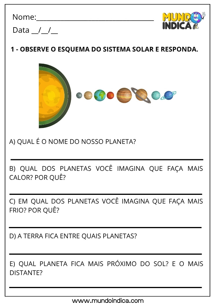 Atividade de Ciências para os Anos Iniciais do Ensino Fundamental sobre o Sistema Solar para Imprimir