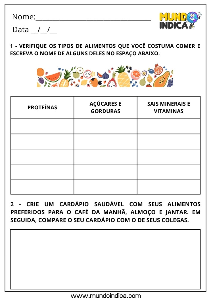 Atividade de Ciências para os Anos Iniciais sobre Alimentos, Proteínas, Acúcares, Gorduras, Sais Minerais e Vitaminas para Imprimir
