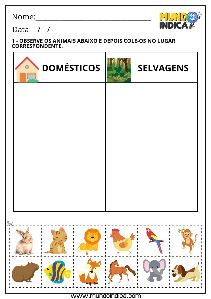 Atividade de Ciências para os Anos Iniciais sobre Animais Domésticos e Selvagens para Imprimir