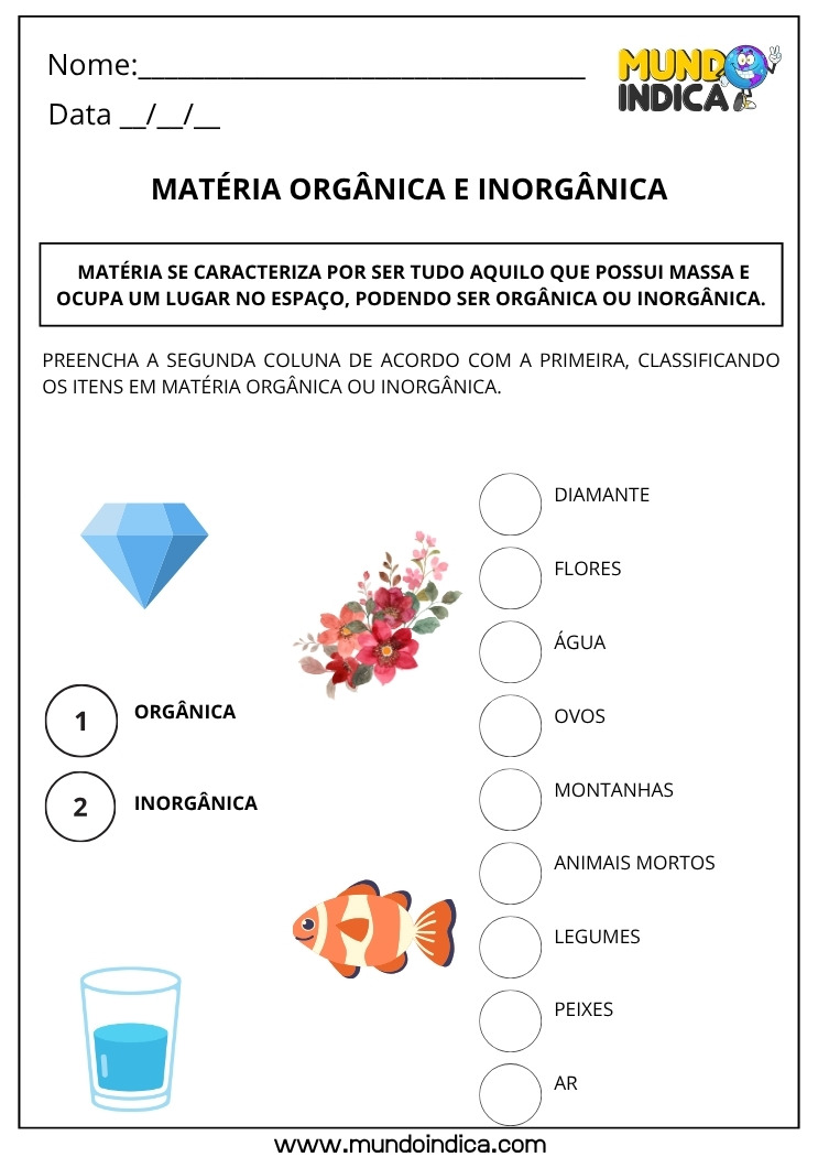 Atividade de Ciências para os Anos Iniciais sobre Matéria Orgânica e Inorgânica para Imprimir
