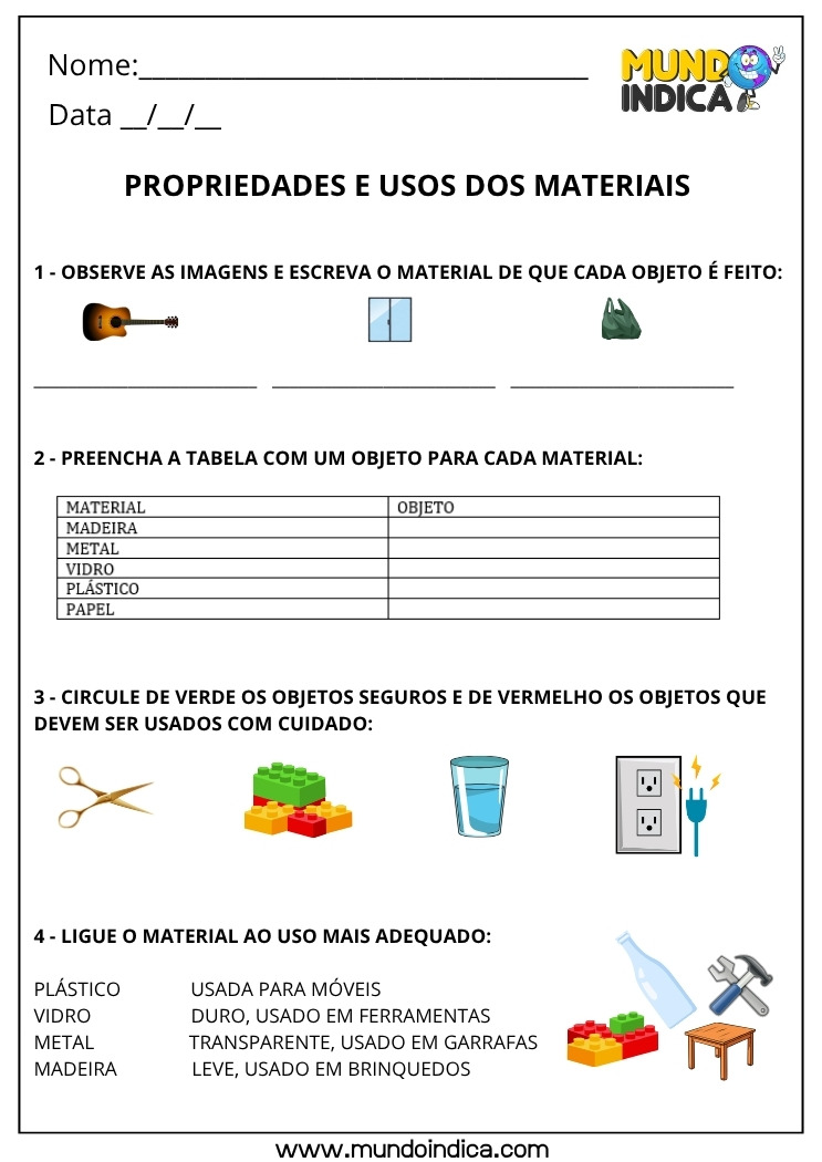Atividade de Ciências para os Anos Iniciais sobre Propriedades e Usos dos Materiais