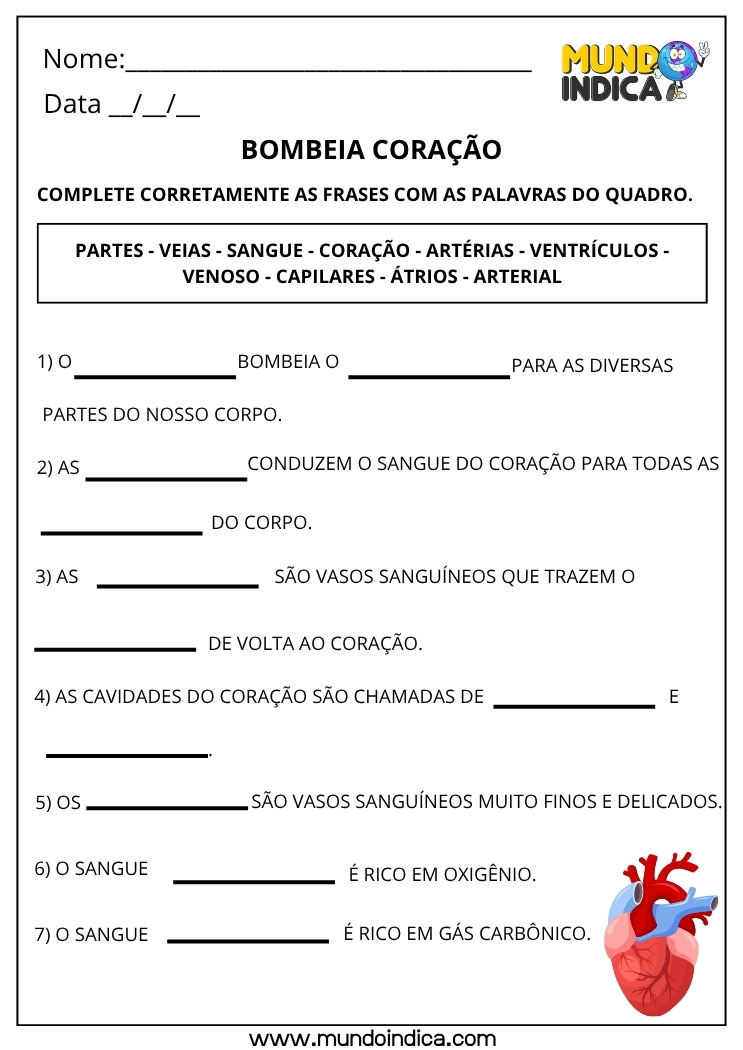 Atividade de Ciências para os Anos Iniciais sobre o Coração para Imprimir