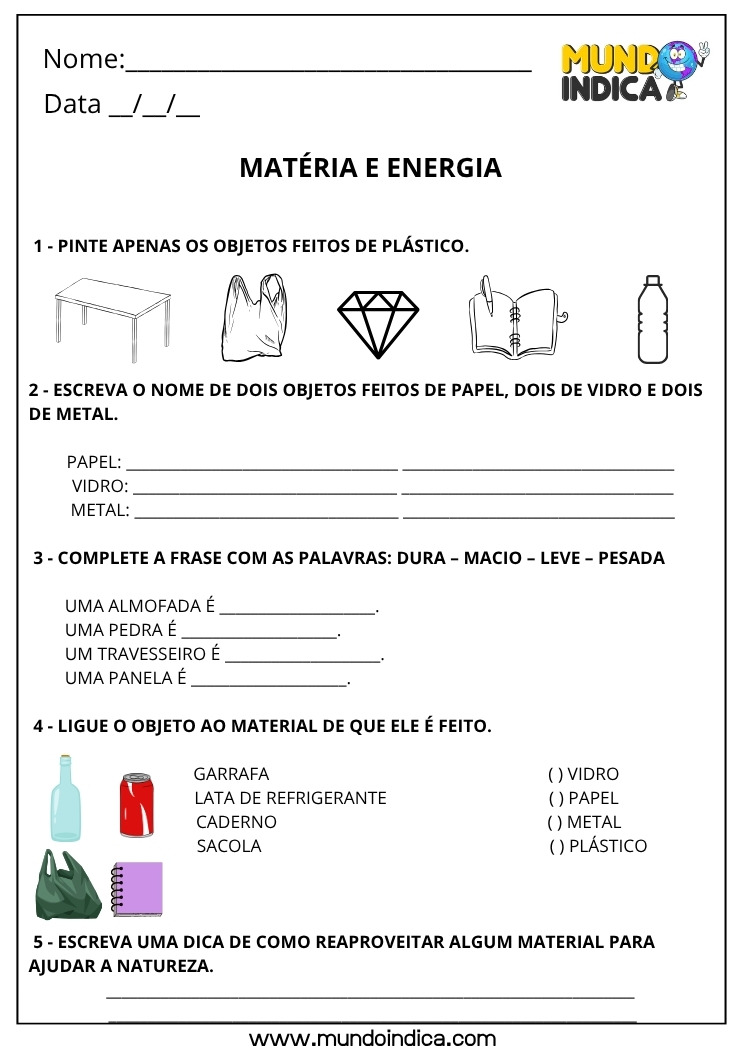 Atividade de Ciências sobre Matéria e Energia para os Anos Iniciais do Ensino Fundamental