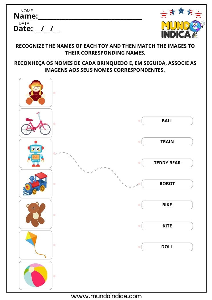 Atividade de Inglês para os Anos Iniciais Ligue as Figuras dos Brinquedos aos Nomes