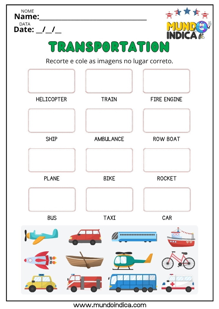 Atividade de Inglês para os Anos Iniciais Recorte e Cole os Meios de Transporte no Lugar Certo