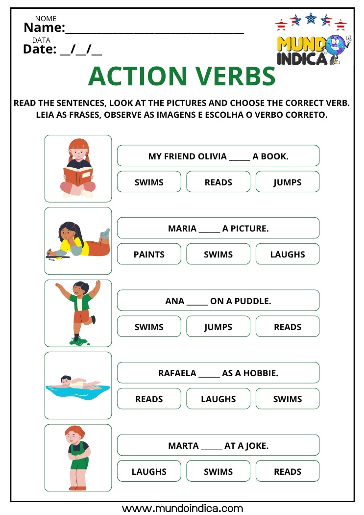 Atividade de Inglês para os Anos Iniciais com Verbos de Ação para Imprimir