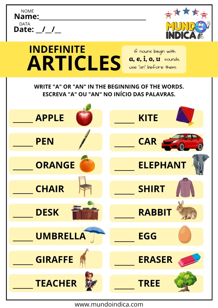 Atividade de Inglês para os Anos Iniciais do Ensino Fundamental com Artigos Indefinidos