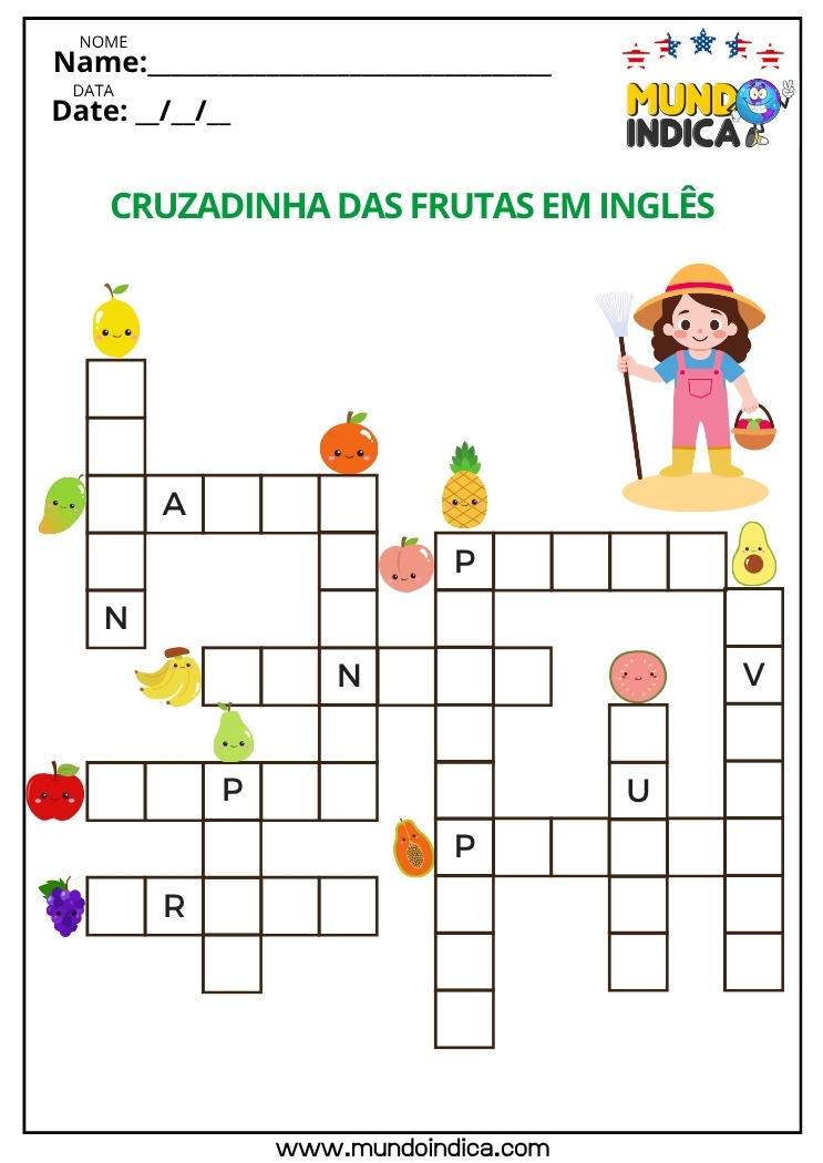 Atividade de Inglês para os Anos Iniciais do Ensino Fundamental com Cruzadinha das Frutas para Imprimir