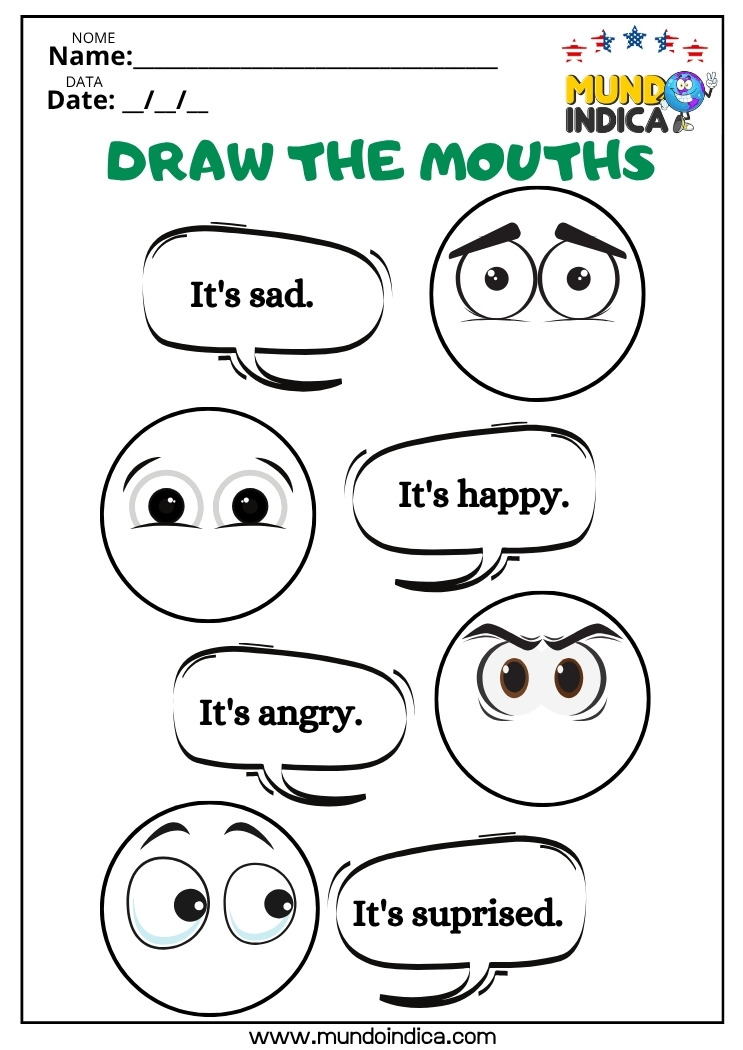 Atividade de Inglês para os Anos Iniciais do Ensino Fundamental com Desenho das Emoções