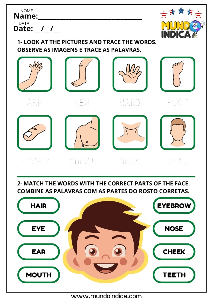 Atividade de Inglês para os Anos Iniciais do Ensino Fundamental com Partes do Corpo Humano