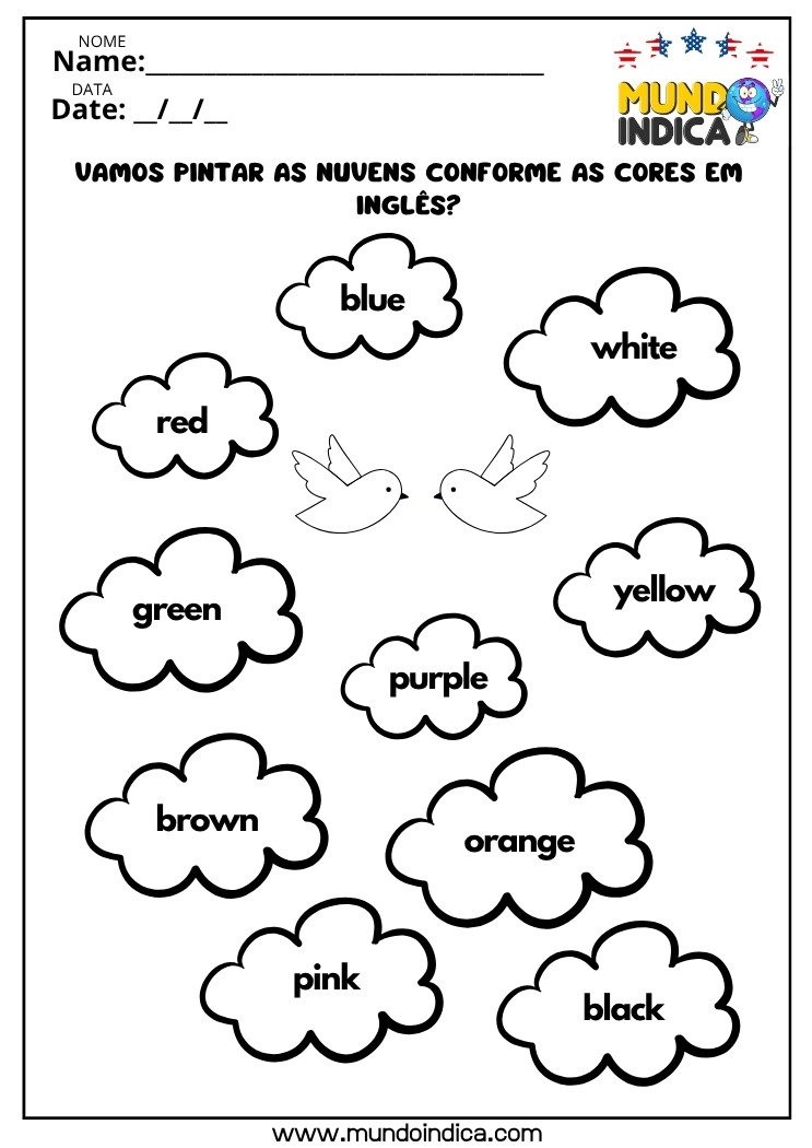 Atividade de Inglês para os Anos Iniciais do Ensino Fundamental com Pintura das Nuvens Conforme as Cores